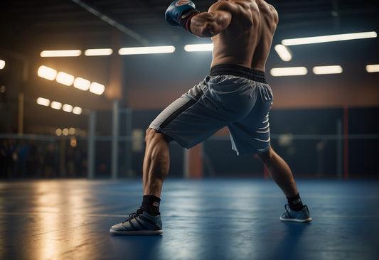 A fighter's leg extends, foot flexed, aiming at a target. The other leg supports the body, maintaining balance and stability