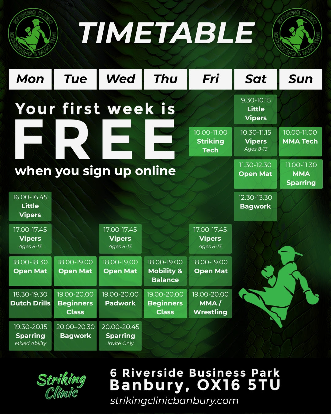 Timetable for the striking clinic with class times and locations on a green background.