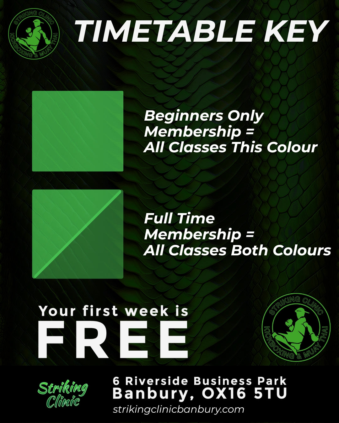 Timetable key for striking clinic with color-coded membership levels on a dark green background.