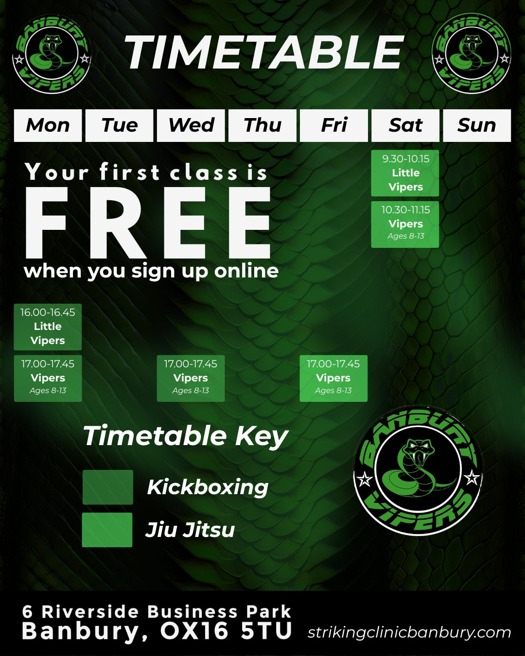 Green and black timetable for banbury vipers youth martial arts with class times and locations.